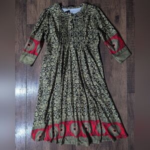 Reborn Women's Black & Gold Paisley Bohemian Fit & Flare Dress Red Accent XL NWT